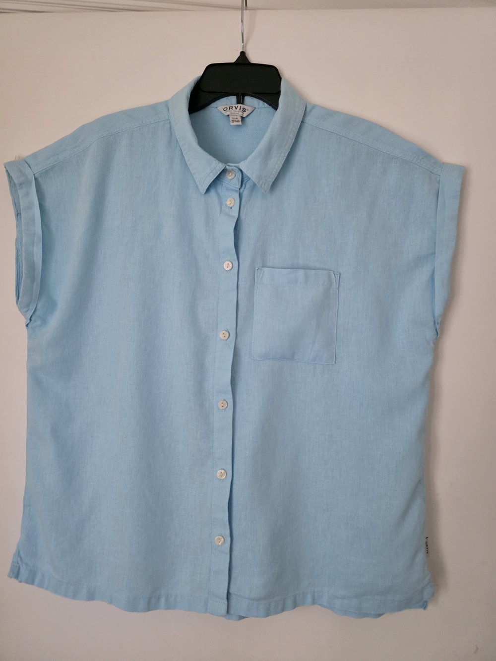 Orvis Linen Blend Short Sleeve Button Shirt Light Blue Size L
